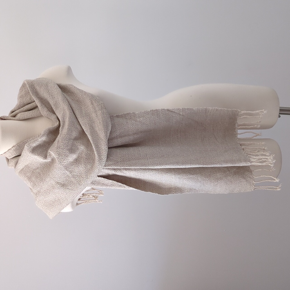 Elegant Thick Cream And Gray Scarf with Fringe - Thailand